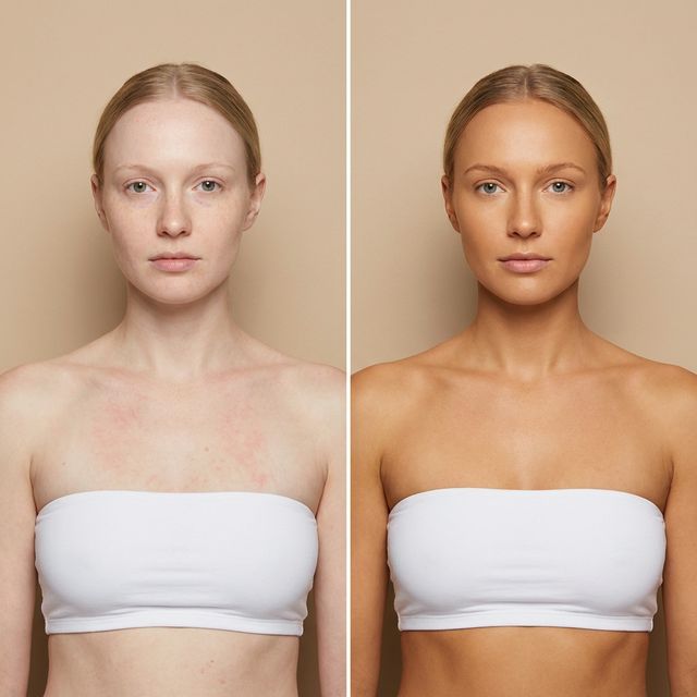 Before/After spray tan — décolleté